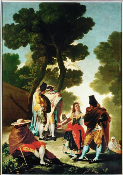 Maja og de kappekledde mennene - Maja og de kappekledde mennene, tegneserie til billedteppet 40-06-09/42 … (maleri på lerret) av Francisco Jose de Goya y Lucientes