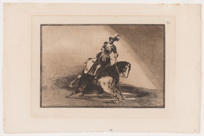 Plate 10 fra La Tauromaquia: Charles V Spyde en okse i ringen ved Valladolid, 1816, trykt 1876 (Etsing og akvatint på lagt papir) av Francisco Jose de Goya y Lucientes