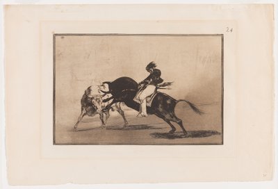 Plate 24 fra La Tauromaquia: The Same Ceballos montert på Another Bull Breaks Korte spyd i ringen i Madrid av Francisco Jose de Goya y Lucientes
