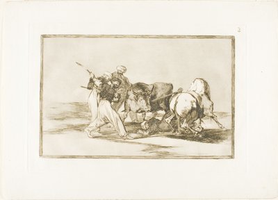 Maurerne hadde slått seg ned i Spania, gitt opp overtroen i Koranen, tatt i bruk denne jaktkunsten og spyd en okse i det fri, plate tre fra The Art of Bullfighting av Francisco Jose de Goya y Lucientes