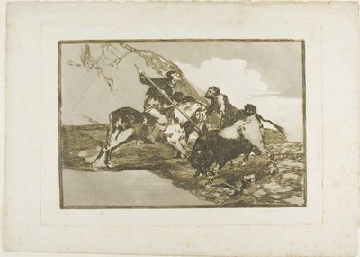 Måten de gamle spanjolene jaktet okser på til hest i det åpne landet, tallerken en fra The Art of Bullfighting av Francisco Jose de Goya y Lucientes