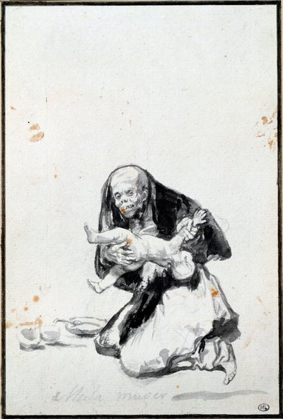 Den dårlige kvinnen (Mala mujer). Den onde kvinnen. Antropofagiscene, en heks sluker et barn. Grå vask av Francisco Goya y Lucientes (1746-1828) Søn. 0,21x0,14 m Paris, musee du Louvre av Francisco de Goya