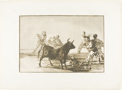 Rabben hamstring oksen med lanser, sigder, banderillaer og andre armer, tallerken tolv fra The Art of Bullfighting av Francisco Jose de Goya y Lucientes