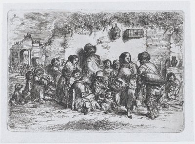 Plate 11: en gruppe mennesker utendørs, fra serien av skikker og tidsfordriv fra Spania..., 1850. av Francisco Lameyer Berenguer