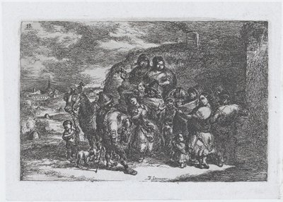 Plate 13: en gruppe mennesker utendørs inkludert muligens musikere, fra serien av cust..., 1850. av Francisco Lameyer Berenguer