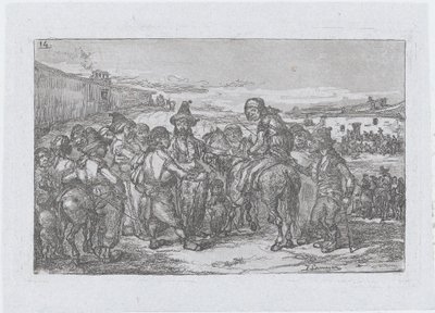 Plate 14: en stor gruppe mennesker utendørs, muligens en gruppe skuespillere, fra serien o..., 1850. av Francisco Lameyer Berenguer