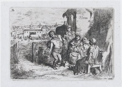 Plate 16: en gruppe mennesker utendørs, inkludert en mann som skjenker vin eller vann fra et kar ..., 1850. av Francisco Lameyer Berenguer