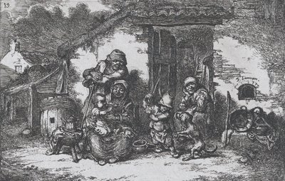 Plate 19: en familie og en gutt som leker med en hund utenfor et hus, fra serien av custom..., 1850. av Francisco Lameyer Berenguer
