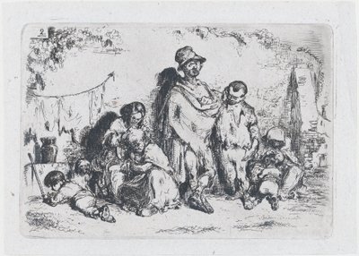 Plate 2: en gruppe mennesker på gaten, muligens tiggere, fra serien av toll og..., 1850. av Francisco Lameyer Berenguer