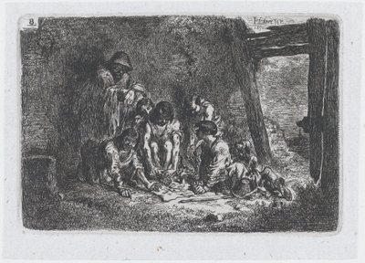 Plate 8: en gruppe figurer hvorav noen spiller et spill, fra serien av toll og..., 1850. av Francisco Lameyer Berenguer
