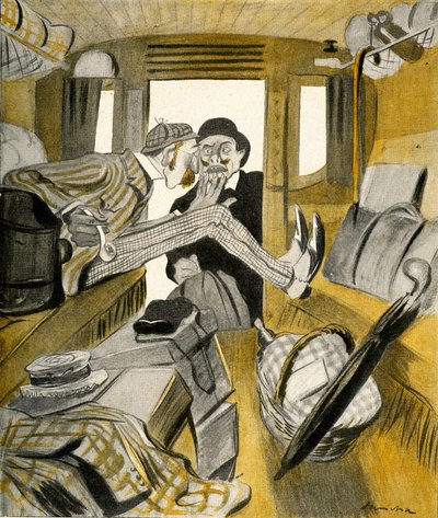En engelskmann stopper en franskmann fra å sitte i det ledige setet på toget, 1903. av Francisco Sancha y Lengo