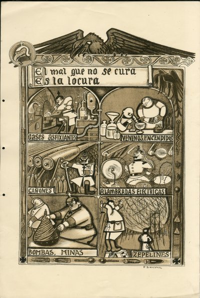 Illustrasjon av Francisco Sancha Lengo (1874-1936) - Flyvende blad, ca. 1915 - Det onde som ikke kan kureres er galskap - Krigen 14 -18, Tyskland Preussen, Asphixiant gass, spansk språk, utenlandsk presse av Francisco Sancha y Lengo