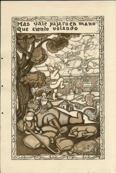 Illustrasjon av Francisco Sancha Lengo (1874-1936) - Flyvende blad, ca. 1915 - Mas vale pajaro en mano que ciento volando - 14-18-krigen, Tyskland Preussen, krigerister og symboler, seier, fred, spansk språk, utenlandsk presse av Francisco Sancha y Lengo