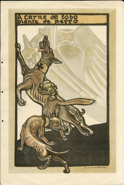 Illustrasjon av Francisco Sancha Lengo (1874-1936) - Flyvende blad, ca. 1915 - A carne de lobo diente de perro - War of 14 -18, Tyskland Preussen, England Storbritannia, krigerister og symboler, Frankrike, spansk språk, utenlandsk presse - Vilhelm II, Hund av Francisco Sancha y Lengo