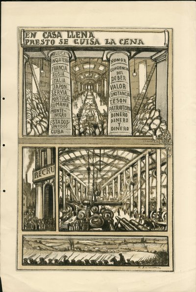 Illustrasjon av Francisco Sancha Lengo (1874-1936) - Flyvende blad, ca. 1915 - En casa llena presto se guisa la cena - 14. -18. krig, kanoner, skjell, industrifabrikker, spansk språk, mobilisering, utenlandsk presse av Francisco Sancha y Lengo