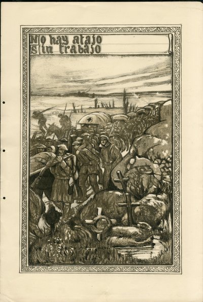Illustrasjon av Francisco Sancha Lengo (1874-1936) - Flyvende blad, ca. 1915 - No hay atajo sin trabajo - War of 14 -18, Tranchees, Spanish Language, Foreign Press - Prisoners av Francisco Sancha y Lengo
