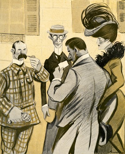 To engelskmenn spør klønete et glamorøst fransk par om veibeskrivelse på dårlig fransk, 1903. av Francisco Sancha y Lengo