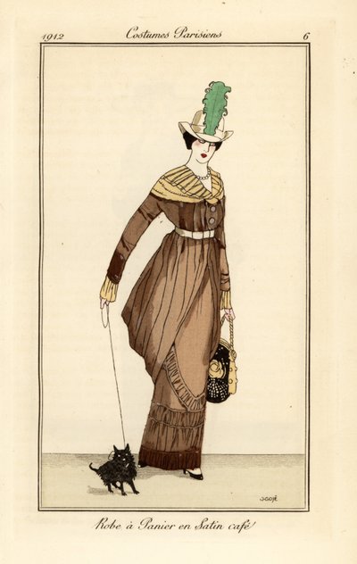Kvinne i kurvkjole i kaffefarget sateng med hund, etsning fra Tommaso Antonginis Journal des Dames et des Modes, Aux Bureaux du Journal des Dames, Paris av Francesc Xavier Gosé