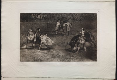 Tyrefekter: En tyrefekter montert på skuldrene til en assistent, spydende en okse av Francisco de Goya