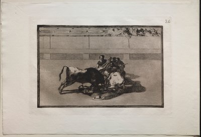 Bullfights: A Picador is Unhorsed and Falls Under the Bull, 1876. av Francisco de Goya