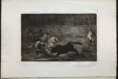 Tyrekamp: En spansk ridder som bryter korte spyd med hjelp av assistenter, 1876. av Francisco de Goya