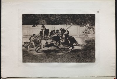 Bullfights: The Forceful Rendon Stabs a Bull with the Piqué, fra hvilket pass han døde i ringen ved Madrid av Francisco de Goya