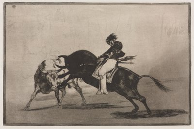 Tyrekamp: Den samme Ceballos montert på en annen okse bryter korte spyd i ringen i Madrid av Francisco de Goya