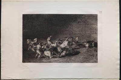 Tyrekamp: To lag med Picadorer kastet etter hverandre av en enkelt okse, 1876. av Francisco de Goya