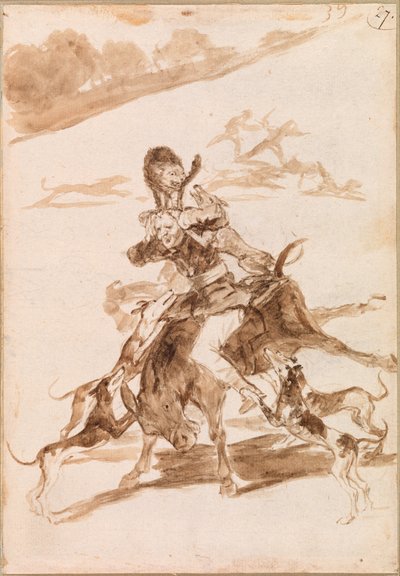 Hunder som jager en katt på en mann på et esel av Francisco de Goya