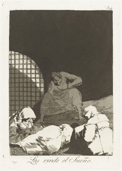 Door slaap overvallen Las rinde el Sueño (title on object) Los Caprichos (series title)   1368237   no       norwegian Successfully Translated  Original: Decoratieve omlijsting met vijftien geleerden Titelpagina voor: Luis Coronel, Physice perscrutationes, av Francisco de Goya
