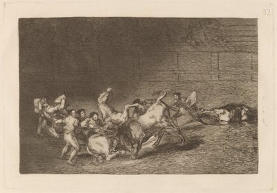 To lag med Picadorer kastet etter hverandre av en enkelt okse av Francisco de Goya