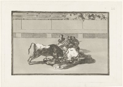 En picador har blitt slått av hesten sin og ligger under oksen Caida de un picador de su caballo debajo del toro La Tauromaquia (serietittel) Tyrefekting (serietittel) av Francisco de Goya
