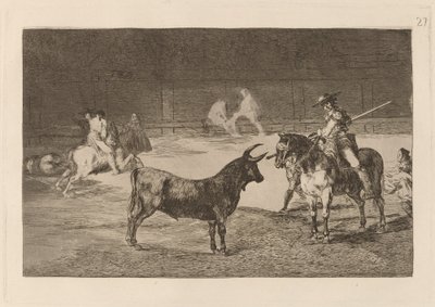Den berømte Fernando del Toro, barilarguero, tvinger udyret med stangen sin (Den berømte Picador, Fernando del Toro, drar det heftige udyret på med sin piké) av Francisco de Goya