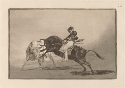 Den samme Ceballos montert på en annen okse bryter Rejones på Plaza de Madrid (De samme Ceballos montert på en annen okse bryter korte spyd i ringen i Madrid) av Francisco de Goya