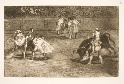 En tyrefekter, som sitter på skuldrene til en assistent, sperrer en okse av Francisco de Goya