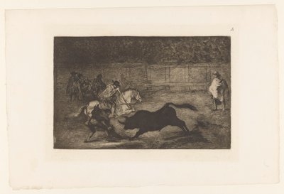 Mann på hesteryggen stikker lansen inn i en okse Un cavalier espagnol brisant des 'rejoncillos' avec l'aide des chulos Tyrekamp (serietittel) La Taureaumachie (serietittel) La Tauromaquia (serietittel) av Francisco de Goya