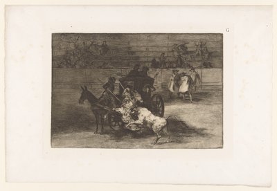 Menn angriper en okse fra en vogn Combat dans une voiture attelée de deux mulets Tyrekamp (serietittel) La Taureaumachie (serietittel) La Tauromaquia (serietittel) av Francisco de Goya