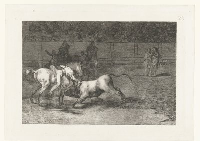 Mariano Ceballos doodt en stier Madriano Ceballos, alias El Indio, dreper oksen fra hesten sin Tyrefekting (serietittel) Stierenvechten (serietittel) av Francisco de Goya