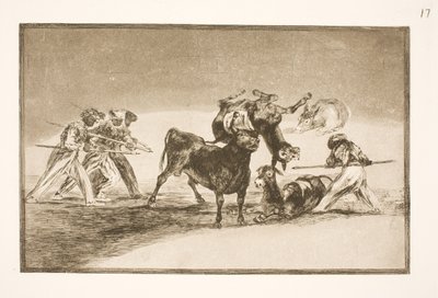Maurerne bruker esler som en barriere for å forsvare seg mot oksen, hvis horn er utstyrt med kuler av Francisco de Goya