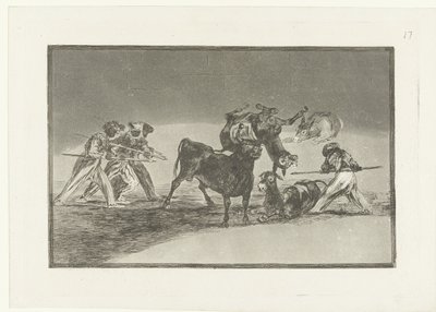 Maurer og esler kjemper mot en okse Palenque de los Moros hecho con burros para defenderse del toro embolado La Tauromaquia (serietittel) Tyrefekting (serietittel) av Francisco de Goya