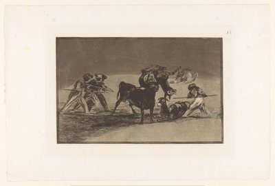 Maurer og esler kjemper mot en okse Palenque de los Moros hecho con burros para defenderse del toro embolado Tyrekamp (serietittel) La Taureaumachie (serietittel) La Tauromaquia (serietittel) av Francisco de Goya