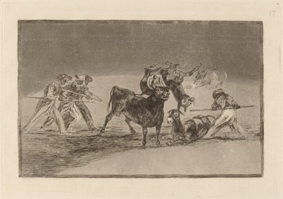 Palenque de los moros hecho con burros para defenderse del toro embolado (Maurerne bruker esler som en barriere for å forsvare seg mot oksen hvis horn har blitt tippet med baller) av Francisco de Goya