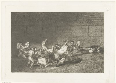 Picador steekt een lans in een stier To grupper med picadorer kjørt over på rad av en enkelt okse Tyrefekting (serietittel) Stierenvechten (serietittel) av Francisco de Goya