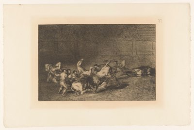 Picador steekt een lans in een stier To grupper med picadorer kjørt over på rad av en enkelt okse Stierengevechten (serietittel) La Taureamachie (serietittel) Tyrefekting (serietittel) av Francisco de Goya