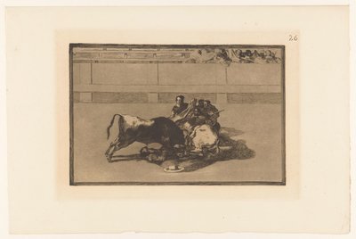Picador falt av hesten Caida de un picador de su caballo debajo del toro Tyrekamp (serietittel) La Taureaumachie (serietittel) La Tauromaquia (serietittel) av Francisco de Goya