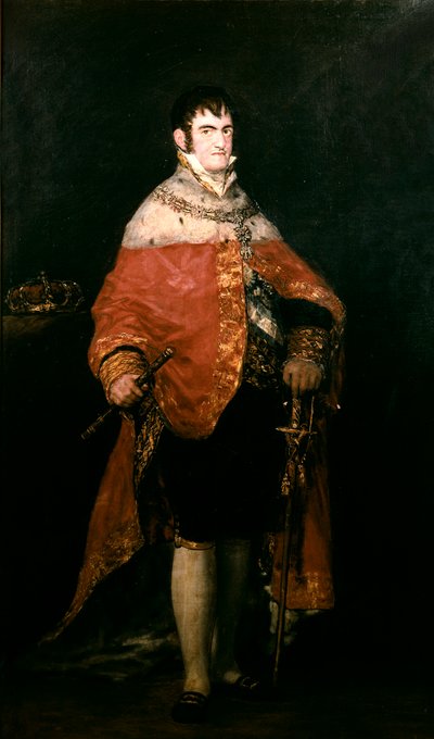 Portrett av kongen av Spania, Ferdinand VII (1784-1833) med sin kongelige kappe av Francisco de Goya