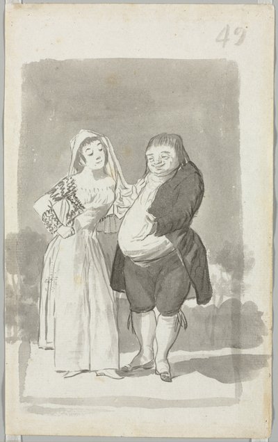 Prostituert som oppfordrer til en feit, stygg mann (recto) av Francisco de Goya