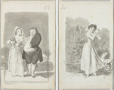 Prostituert som søker en feit, stygg mann (recto); Ung kvinne vri hendene over en manns nakne kropp (verso) av Francisco de Goya