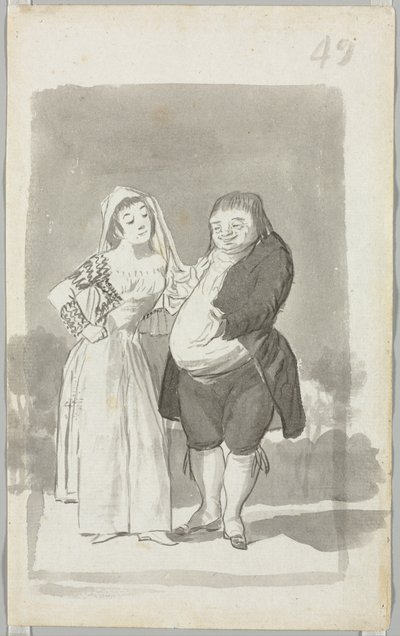 Prostituert anmoder om en feit, stygg mann recto, ung kvinne vri hendene...verso, 1796-97. av Francisco de Goya