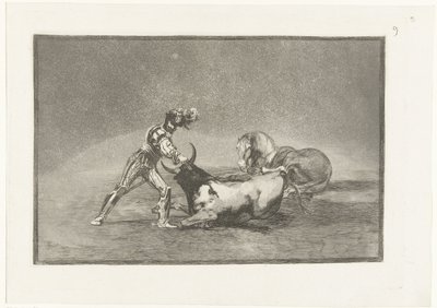 Spanse rider doody on stier En spansk ridder dreper en okse etter å ha mistet hesten sin Stierenvechten (serietittel) Tyrefekting (serietittel) av Francisco de Goya